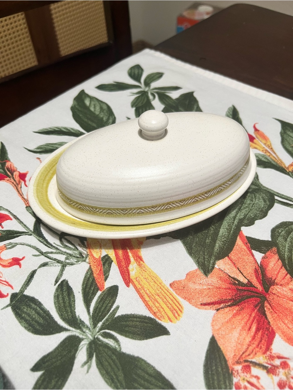 Franciscan Speckled White Ceramic Butter Dish with Yellow Band